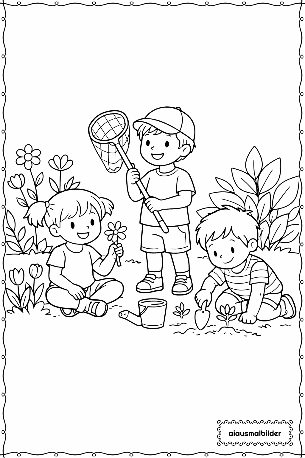  Kinder im Garten Ausmalseite 