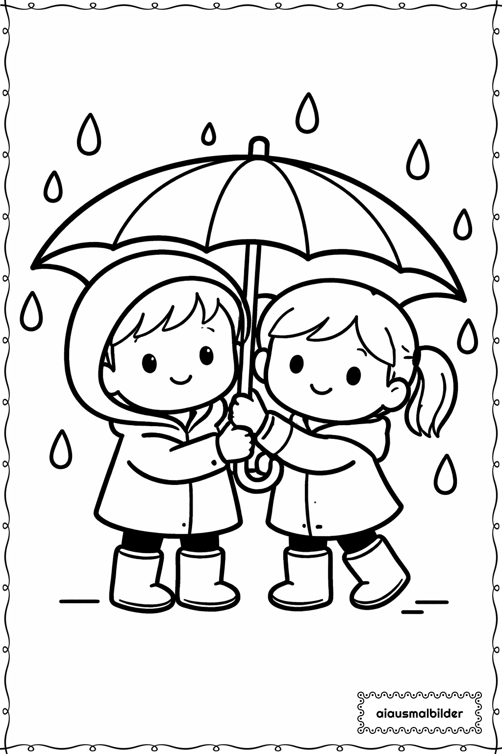  Kinder im Regen Ausmalseite 
