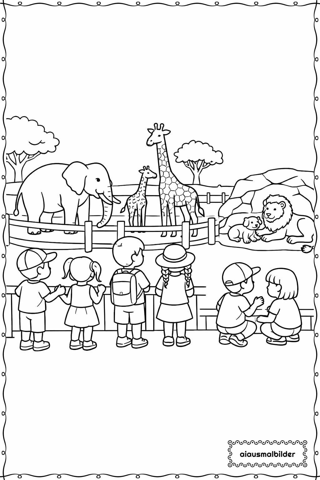  Kinder im Zoo Ausmalseite 