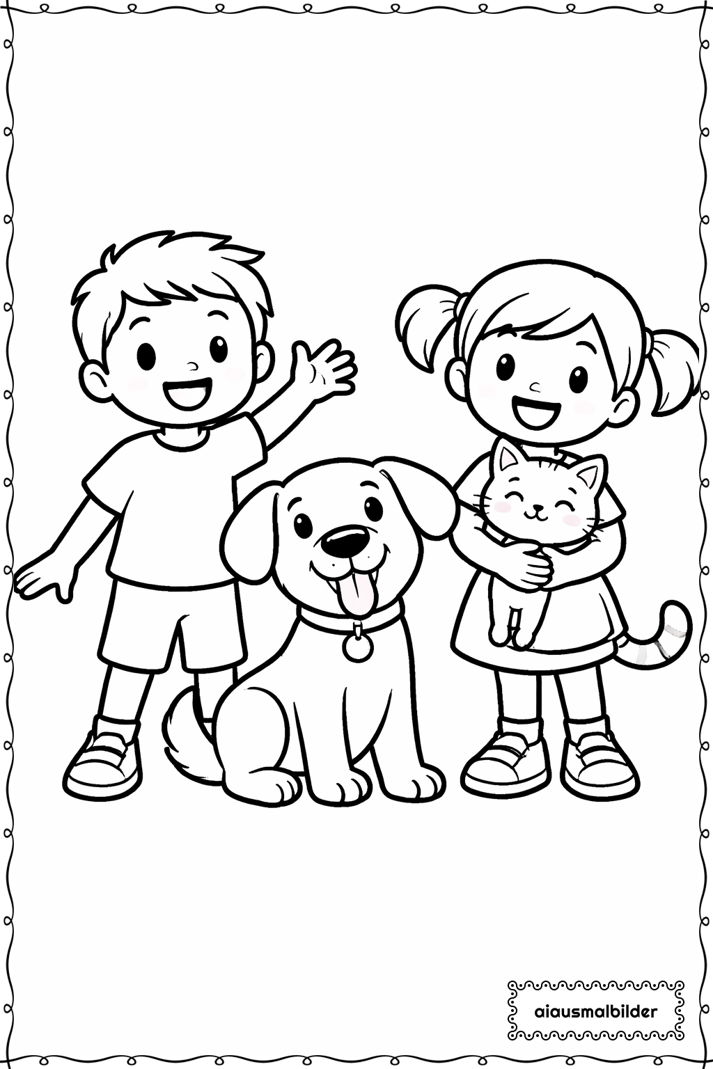  Kinder mit Haustieren Ausmalseite 