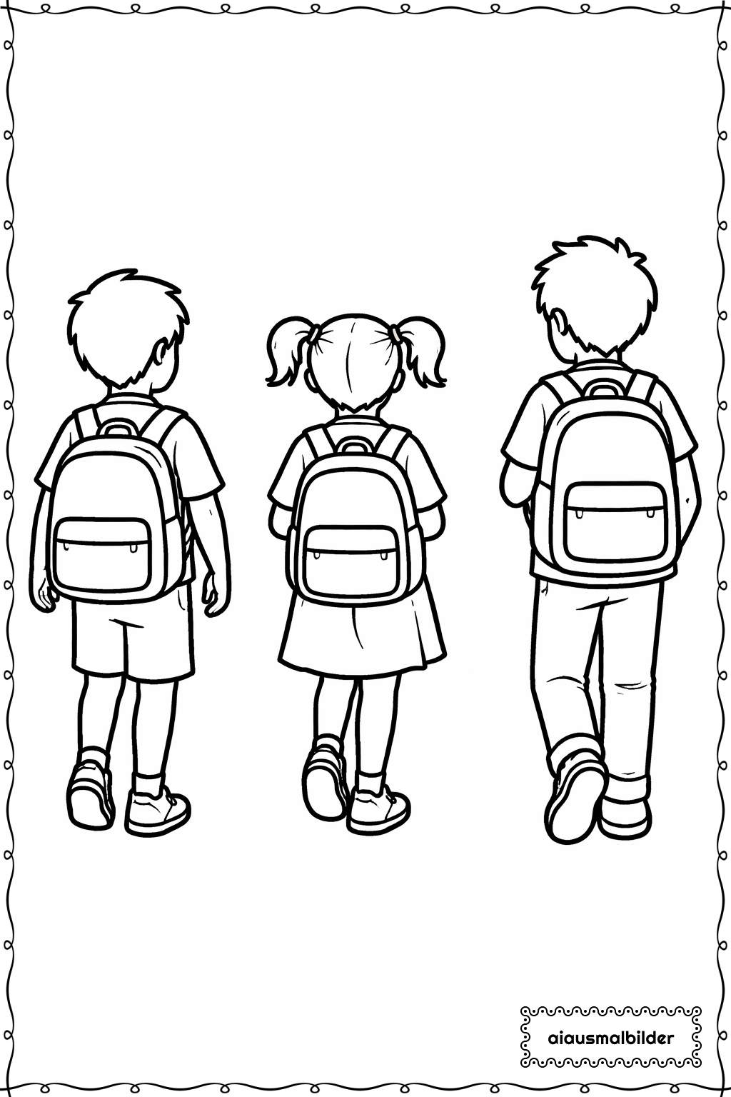  Kinder mit Schultasche Ausmalseite 