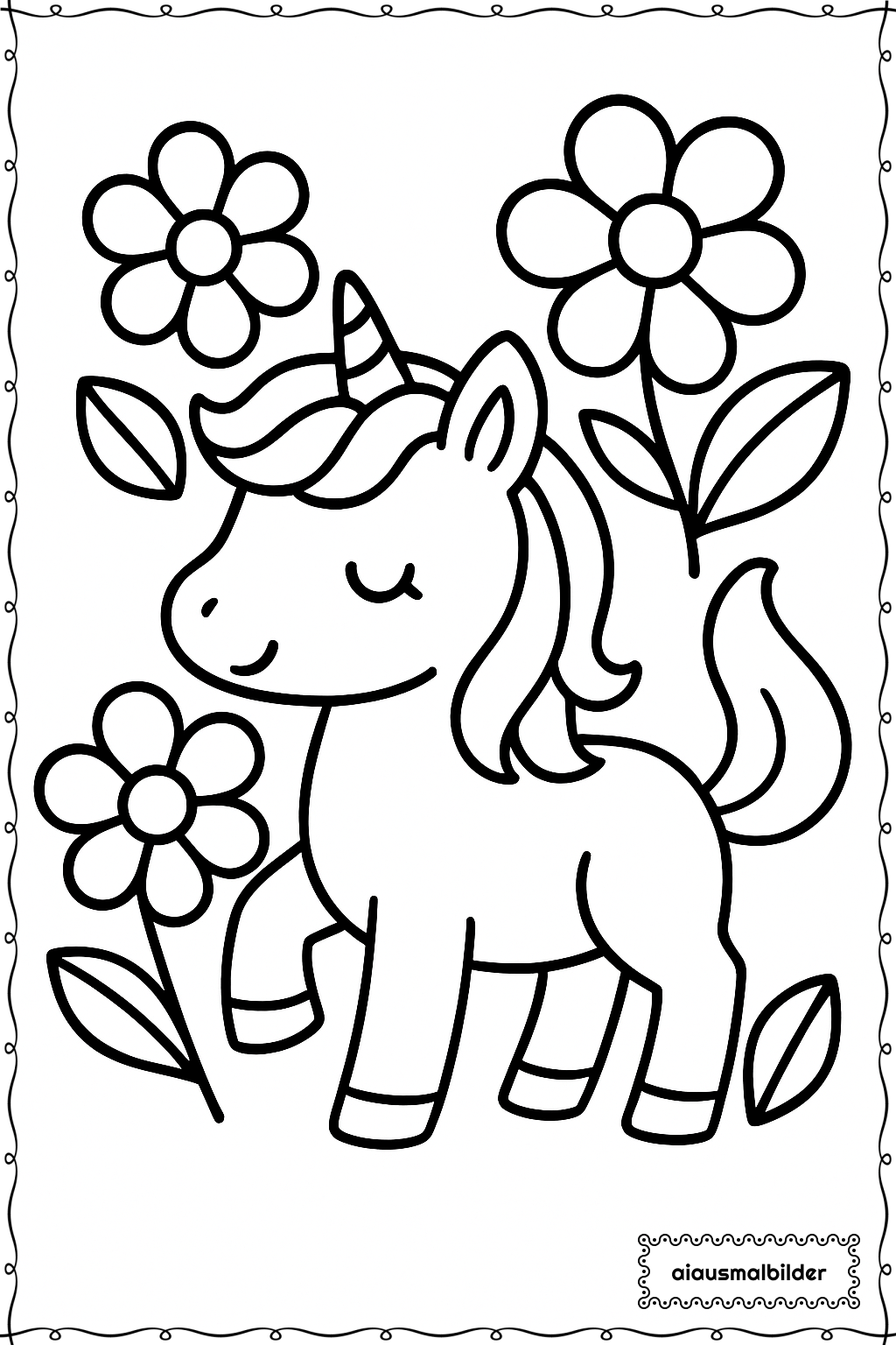  Kleines Einhorn mit Blumen Ausmalseite 