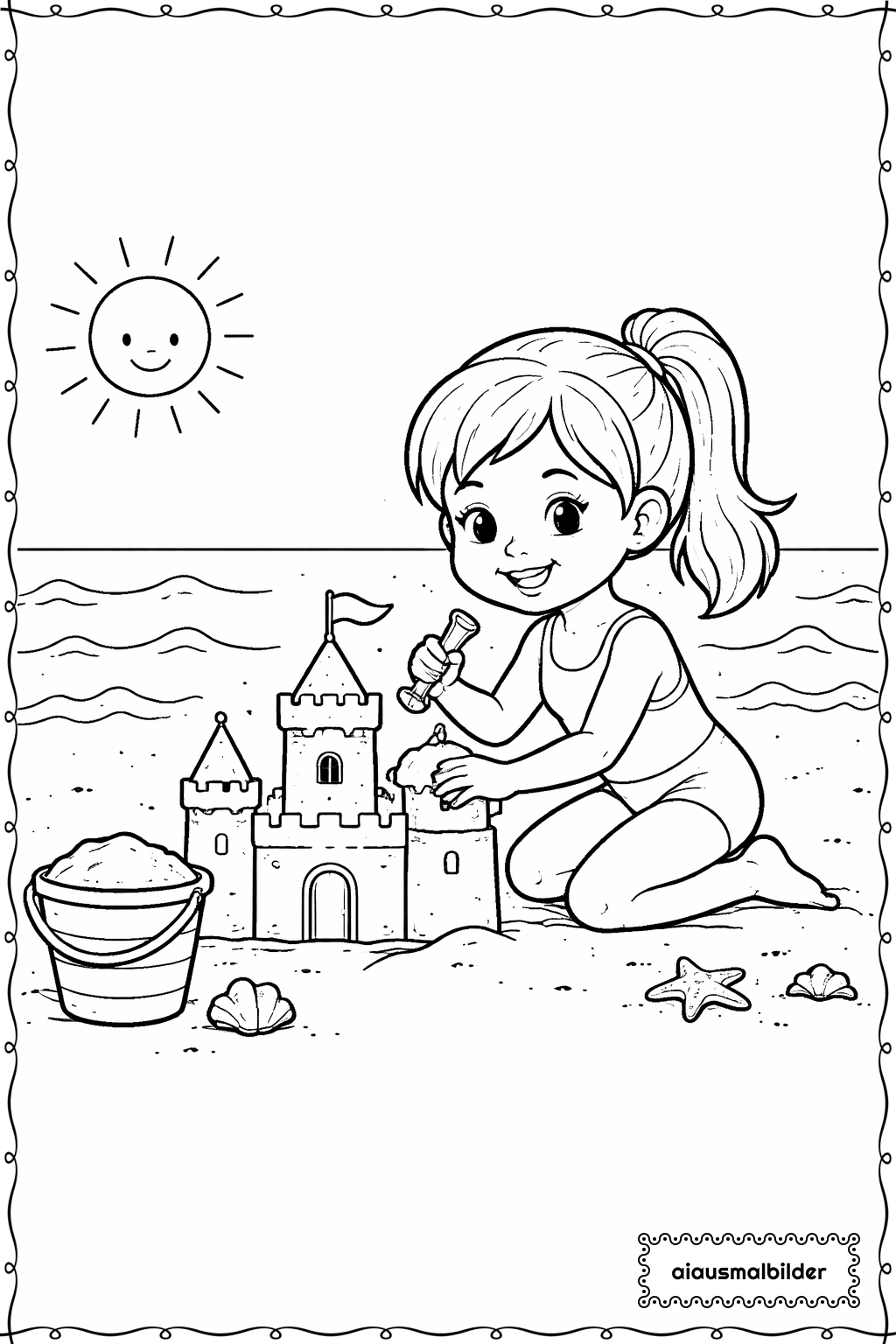  Maedchen am Strand mit Eimer Ausmalseite 