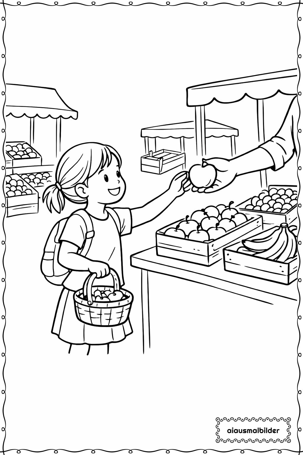 Mädchen auf dem Markt Ausmalseite