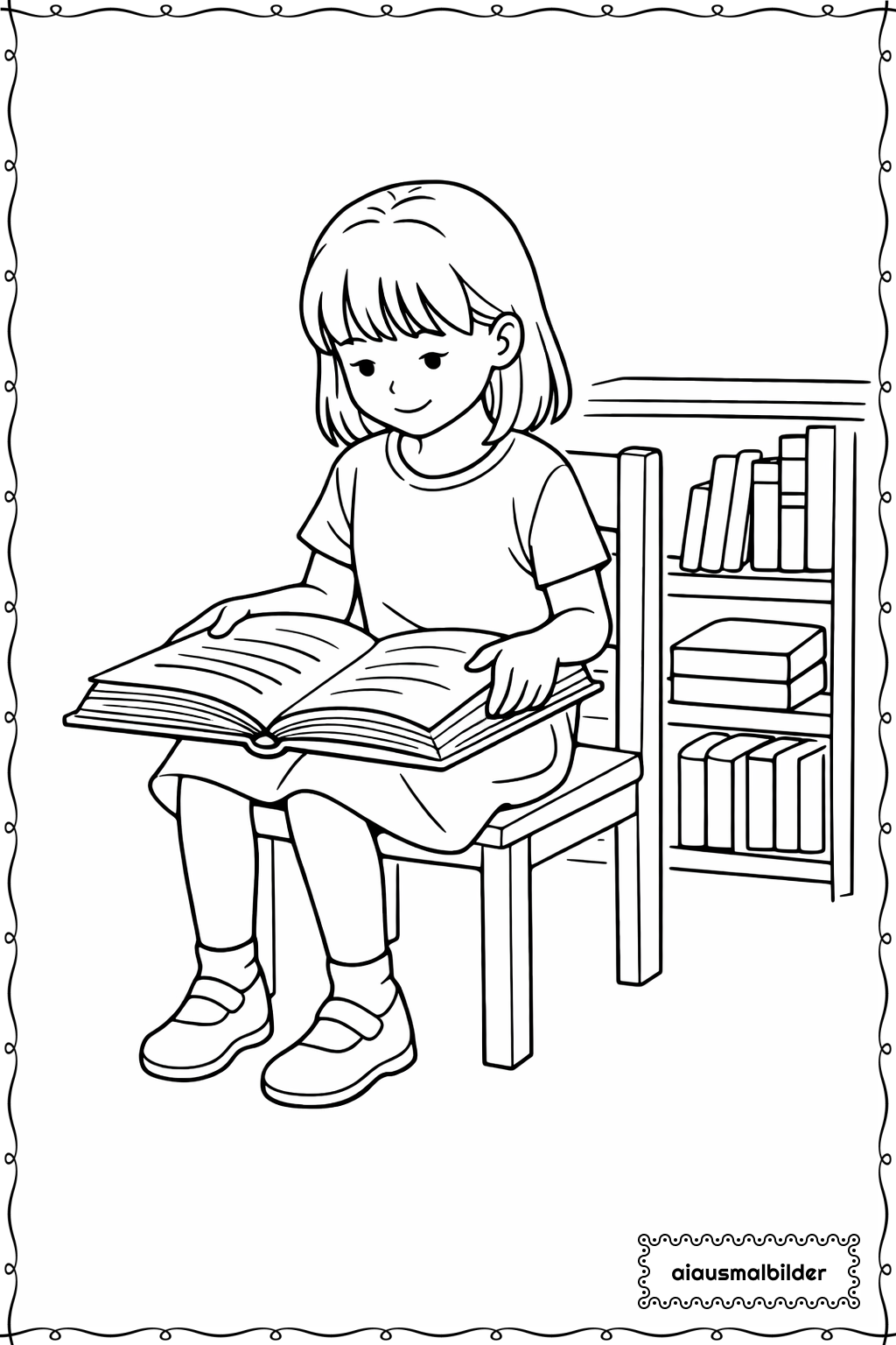  Maedchen beim Lesen eines Buches Ausmalseite 