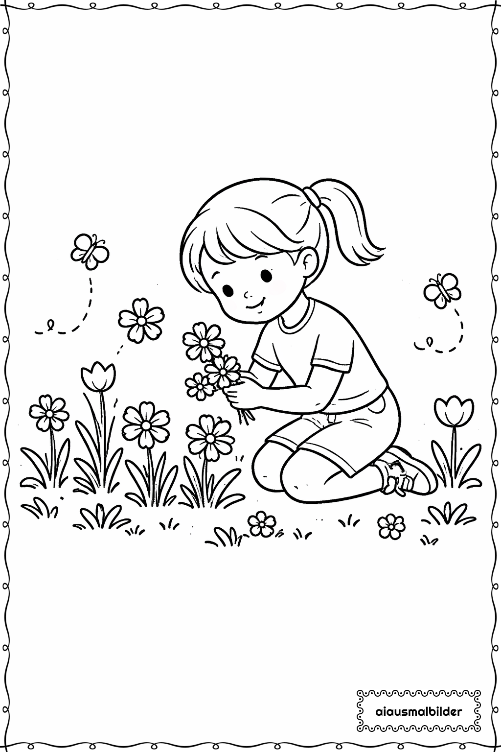  Maedchen beim Pfluecken von Blumen Ausmalseite 