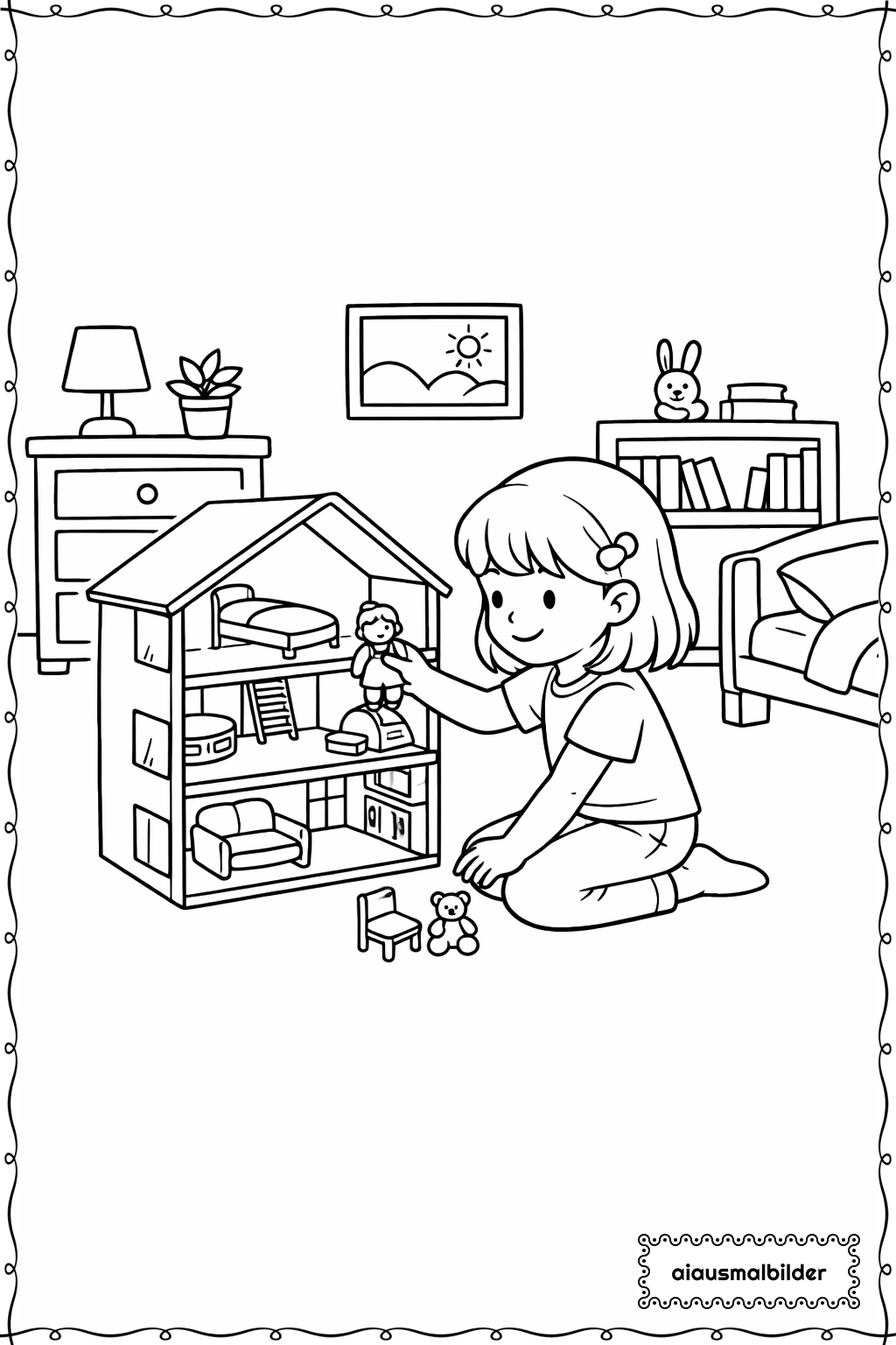 Mädchen beim Puppenhaus Ausmalseite