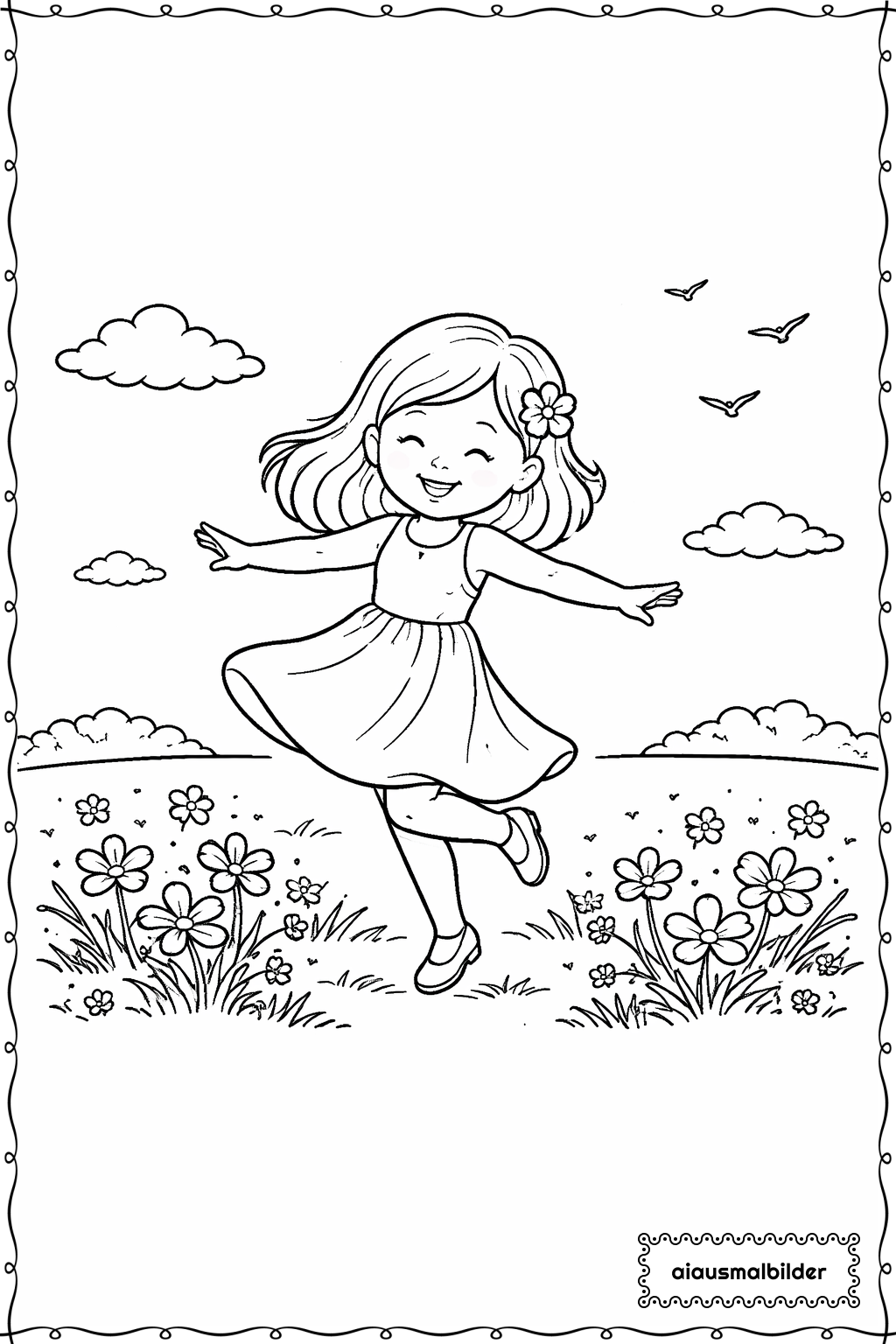 Mädchen beim Tanzen im Garten Ausmalseite