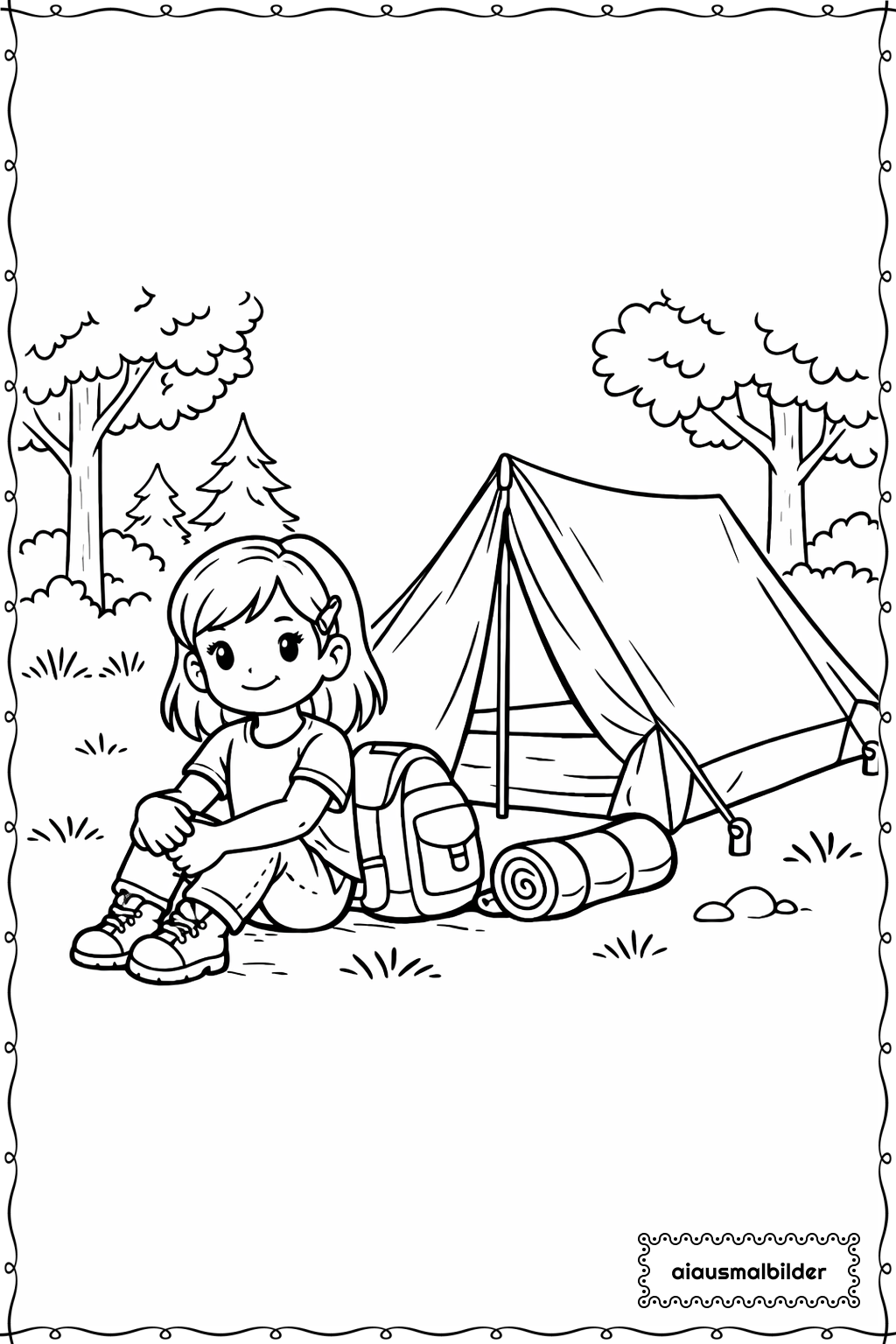 Mädchen beim Zeltlager Ausmalseite