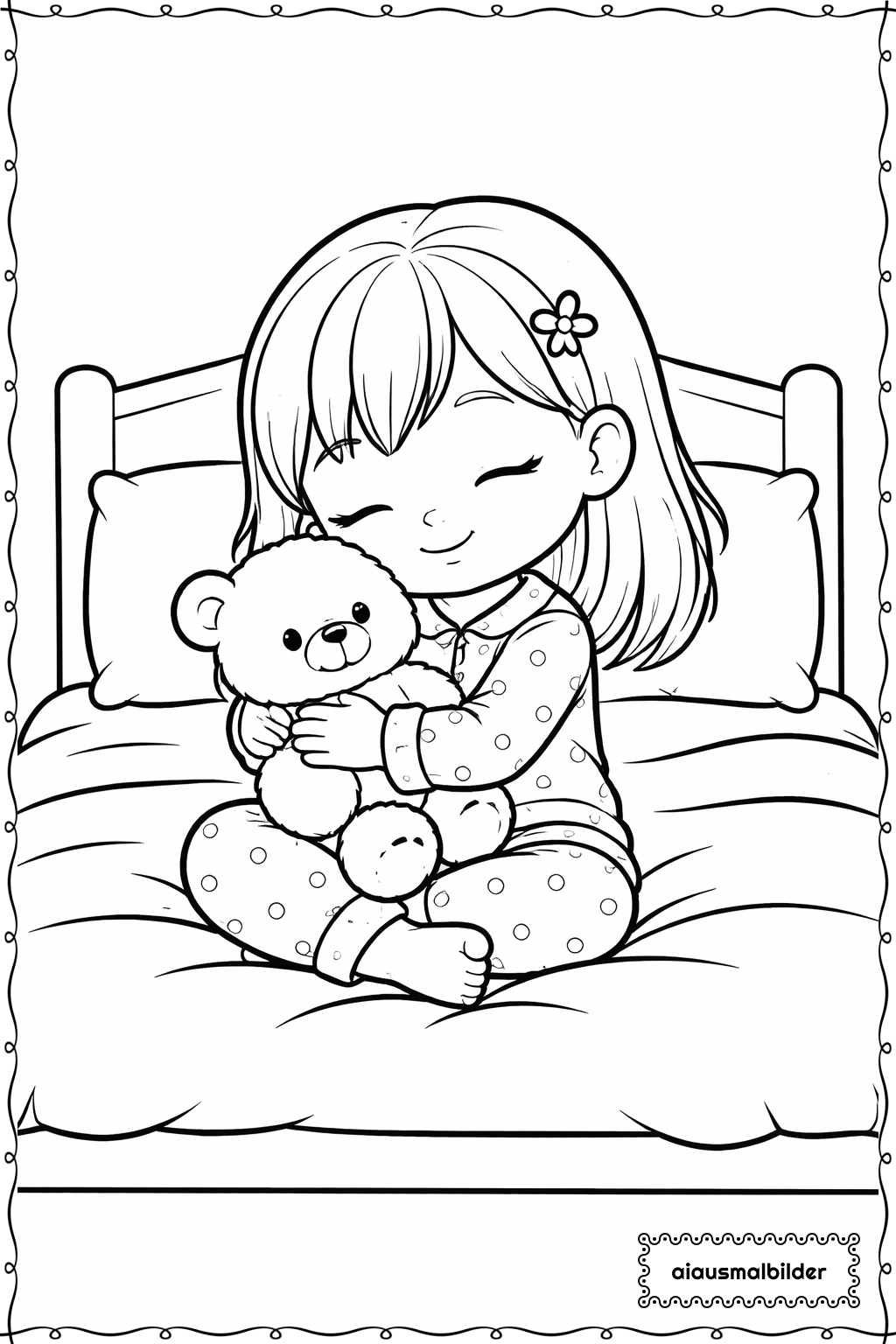 Maedchen im Pyjama mit Kuscheltier Ausmalseite