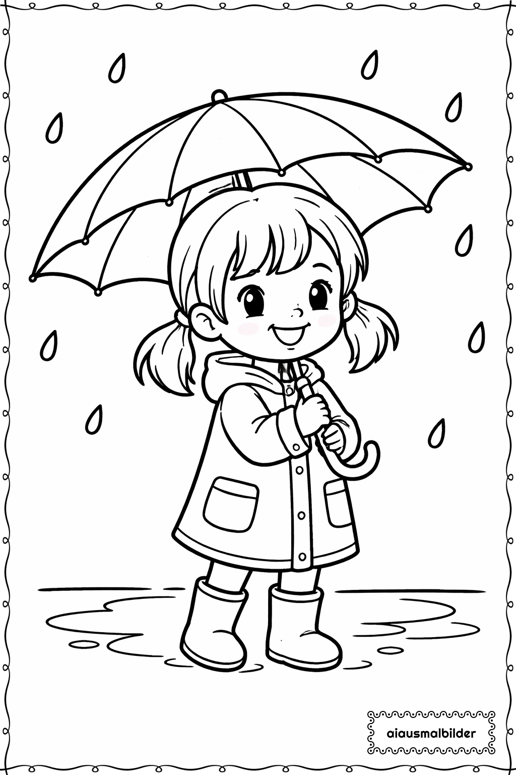 Maedchen im Regen mit Regenschirm Ausmalseite