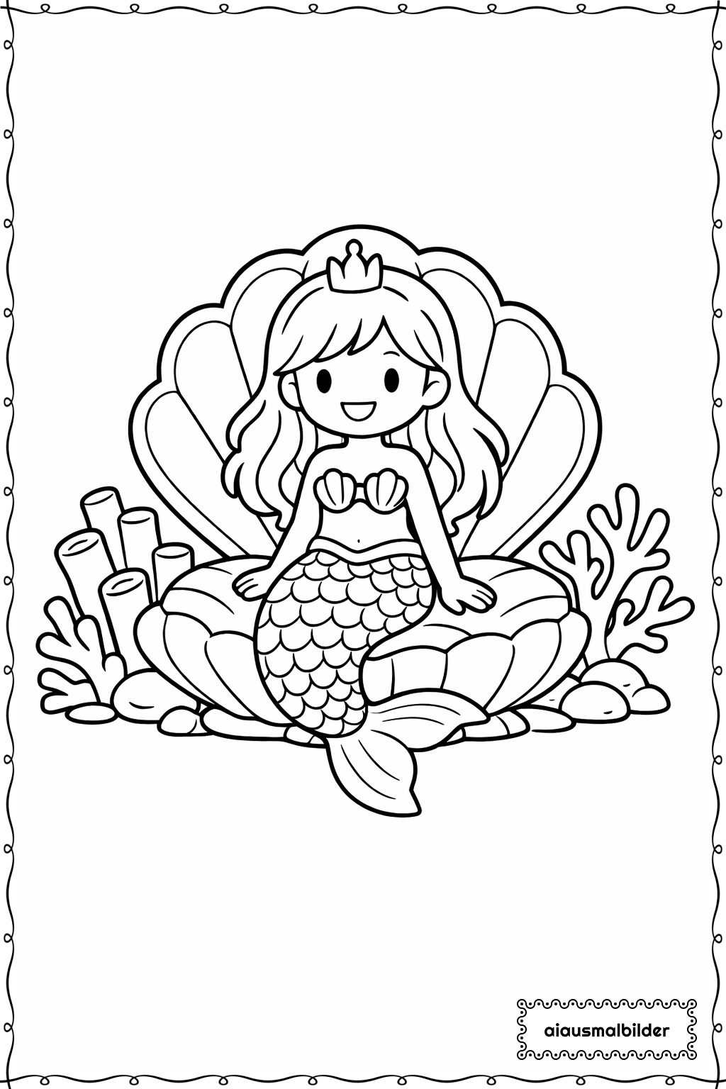  Meerjungfrau Auf Kleinem Muschelthron Ausmalseite 