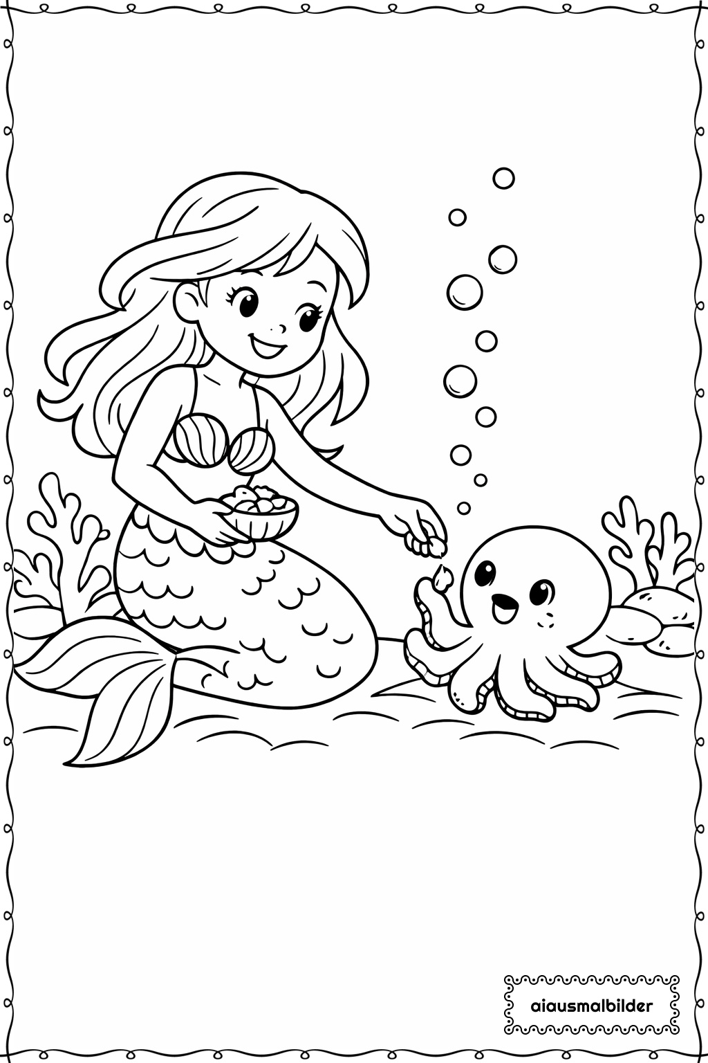 Meerjungfrau Füttert Tintenfisch