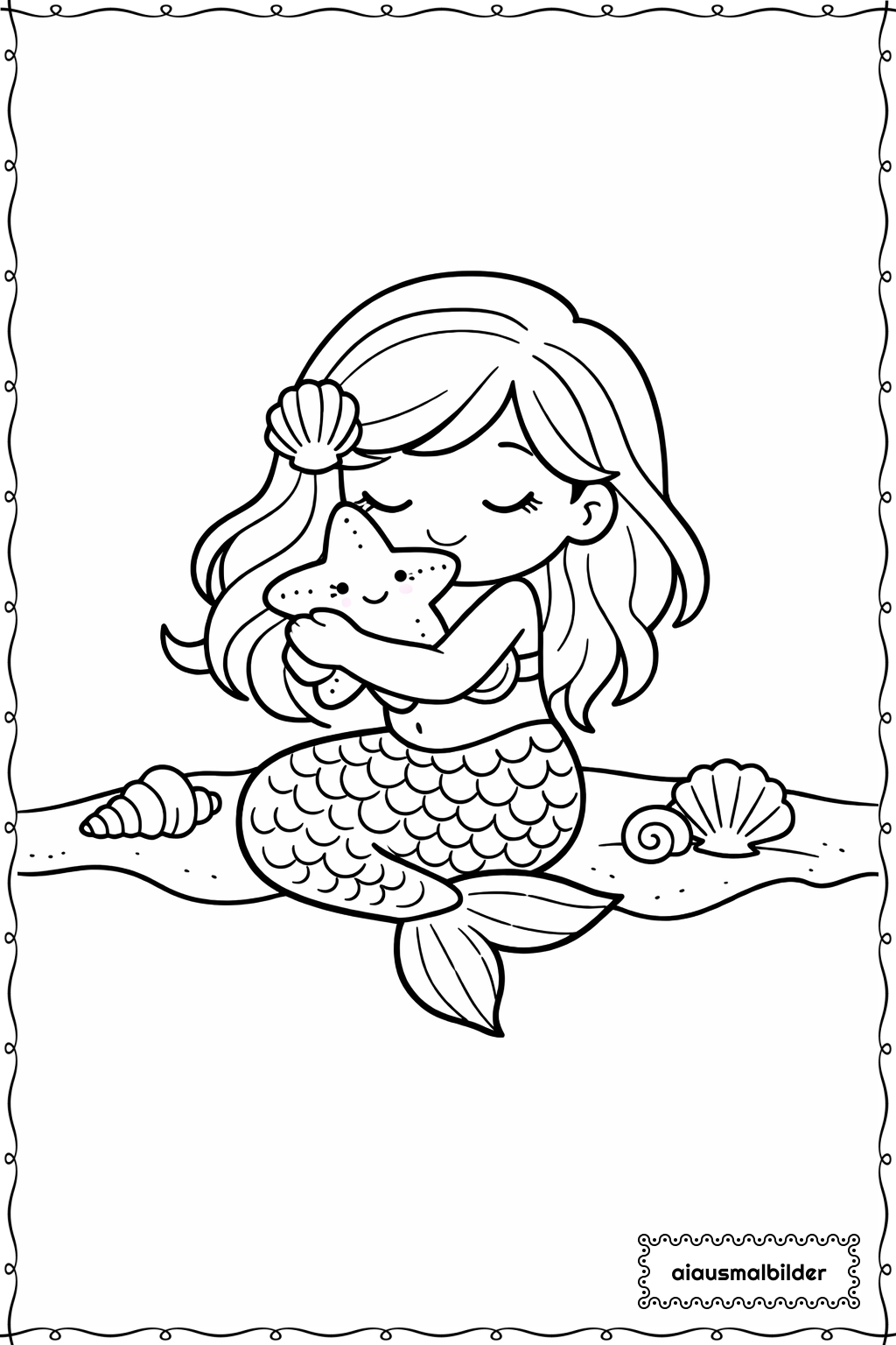  Meerjungfrau Umarmt Seestern Ausmalseite 