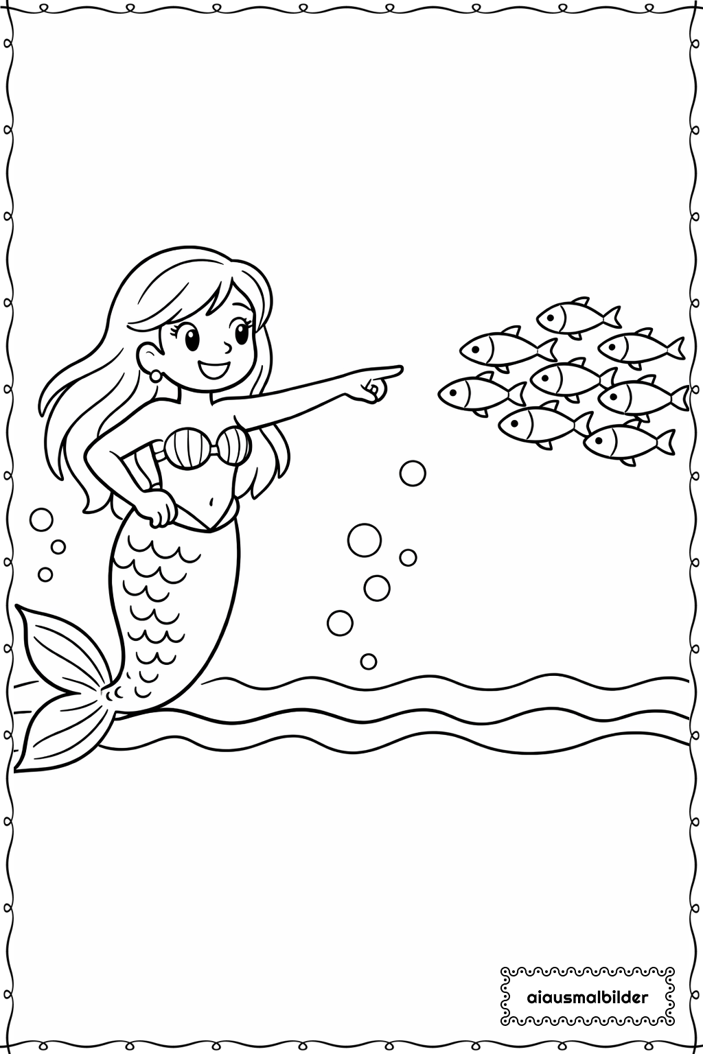  Meerjungfrau Und Fischschwarm Ausmalseite 