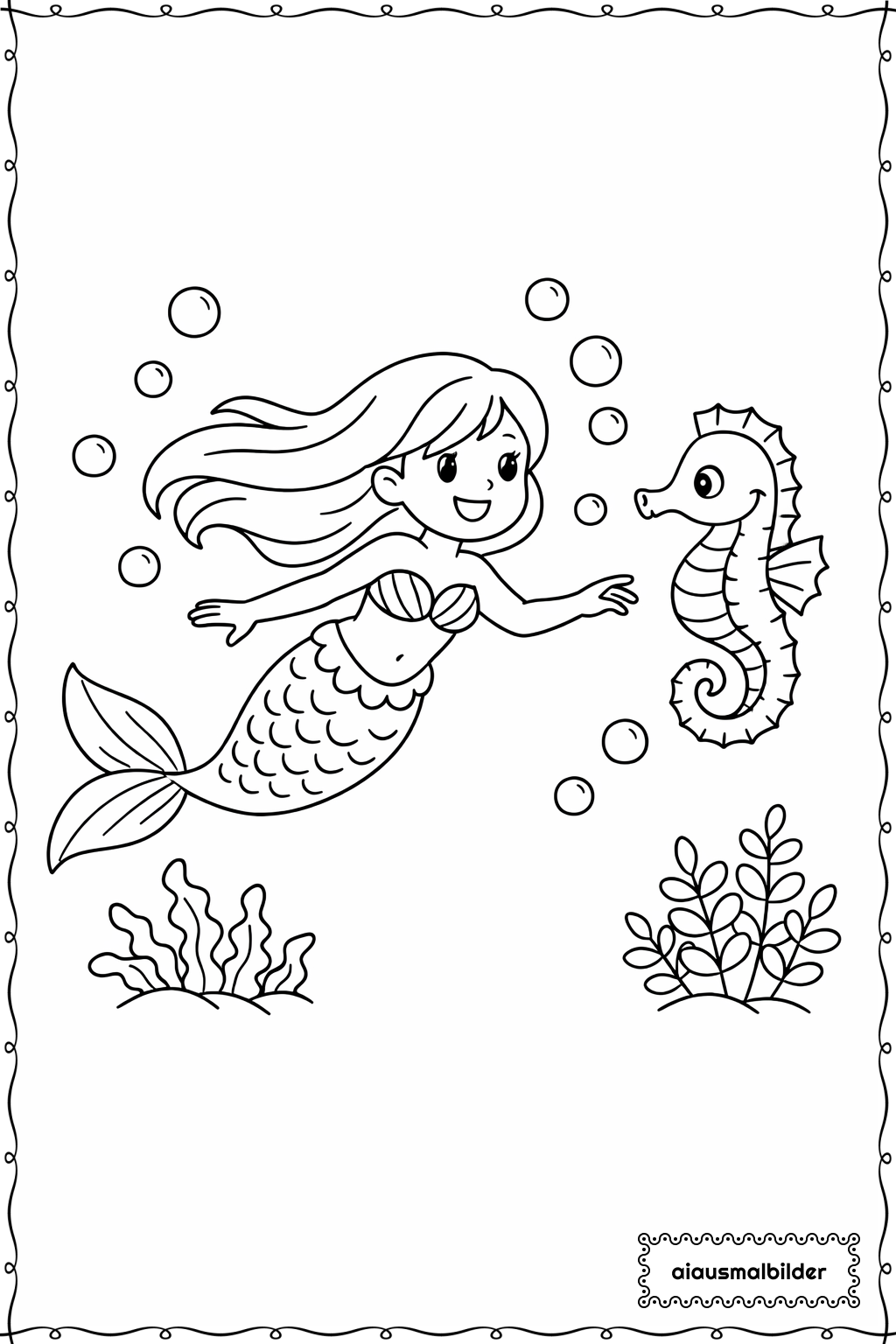  Meerjungfrau Und Seepferdchen Ausmalseite 