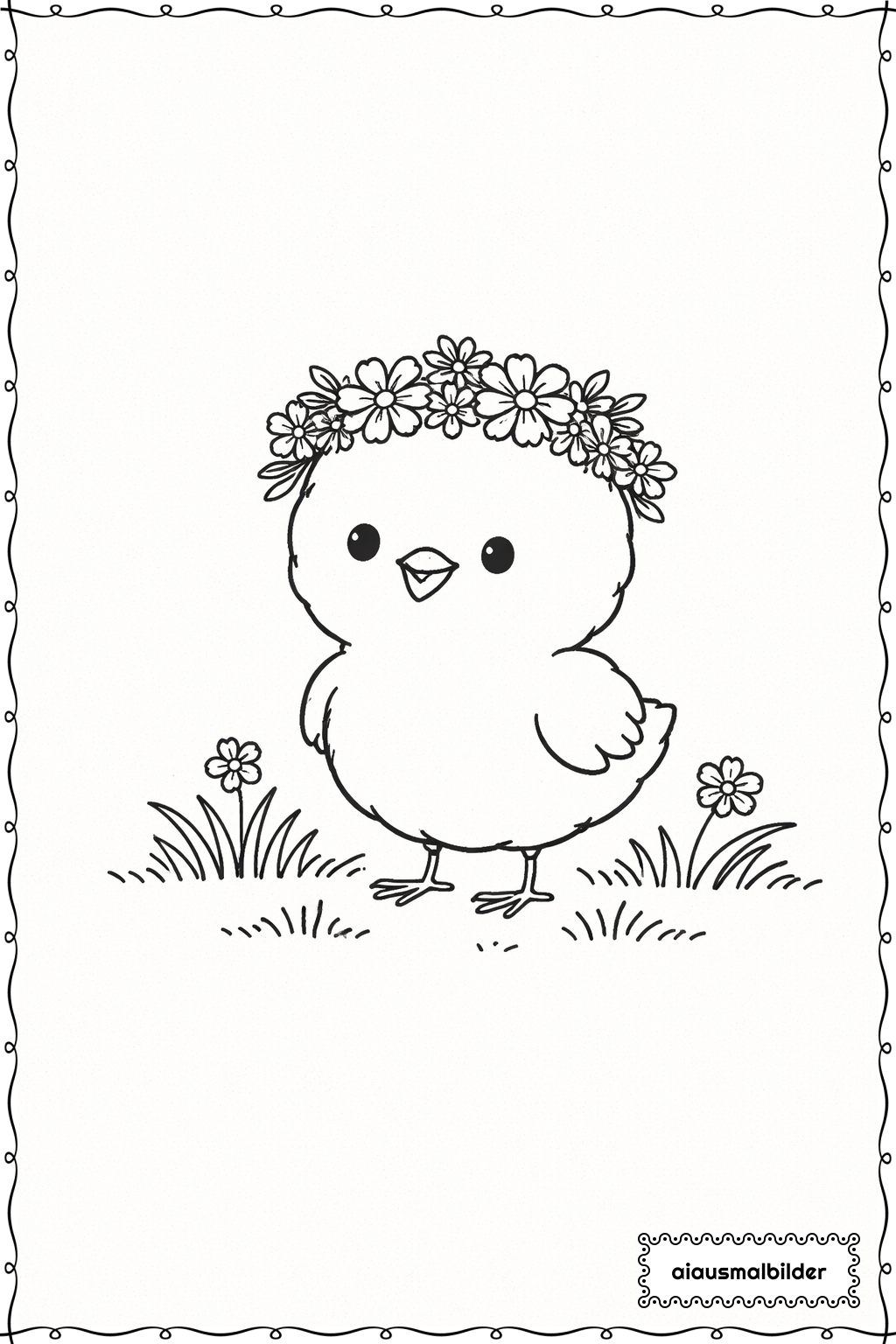  Ostern Küken mit Blumenkranz Ausmalseite 