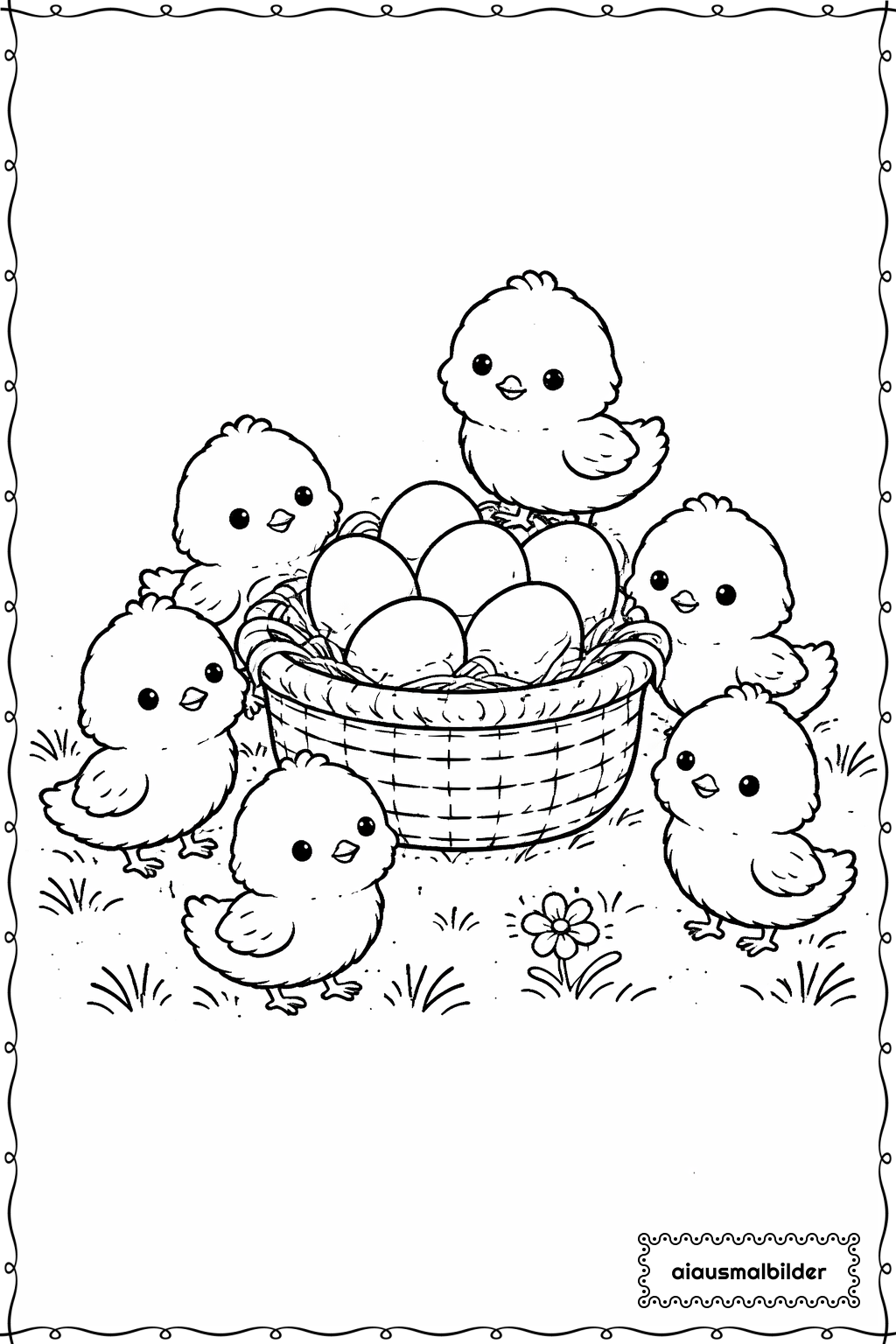  Ostern Küken um Korb Ausmalseite 