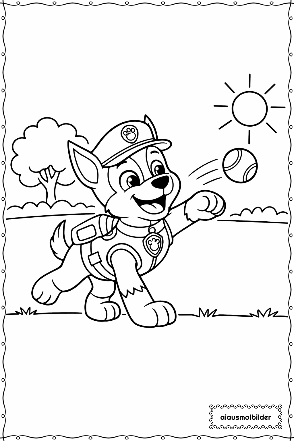 Paw Patrol Hund beim Ballspielen im Park Ausmalseite