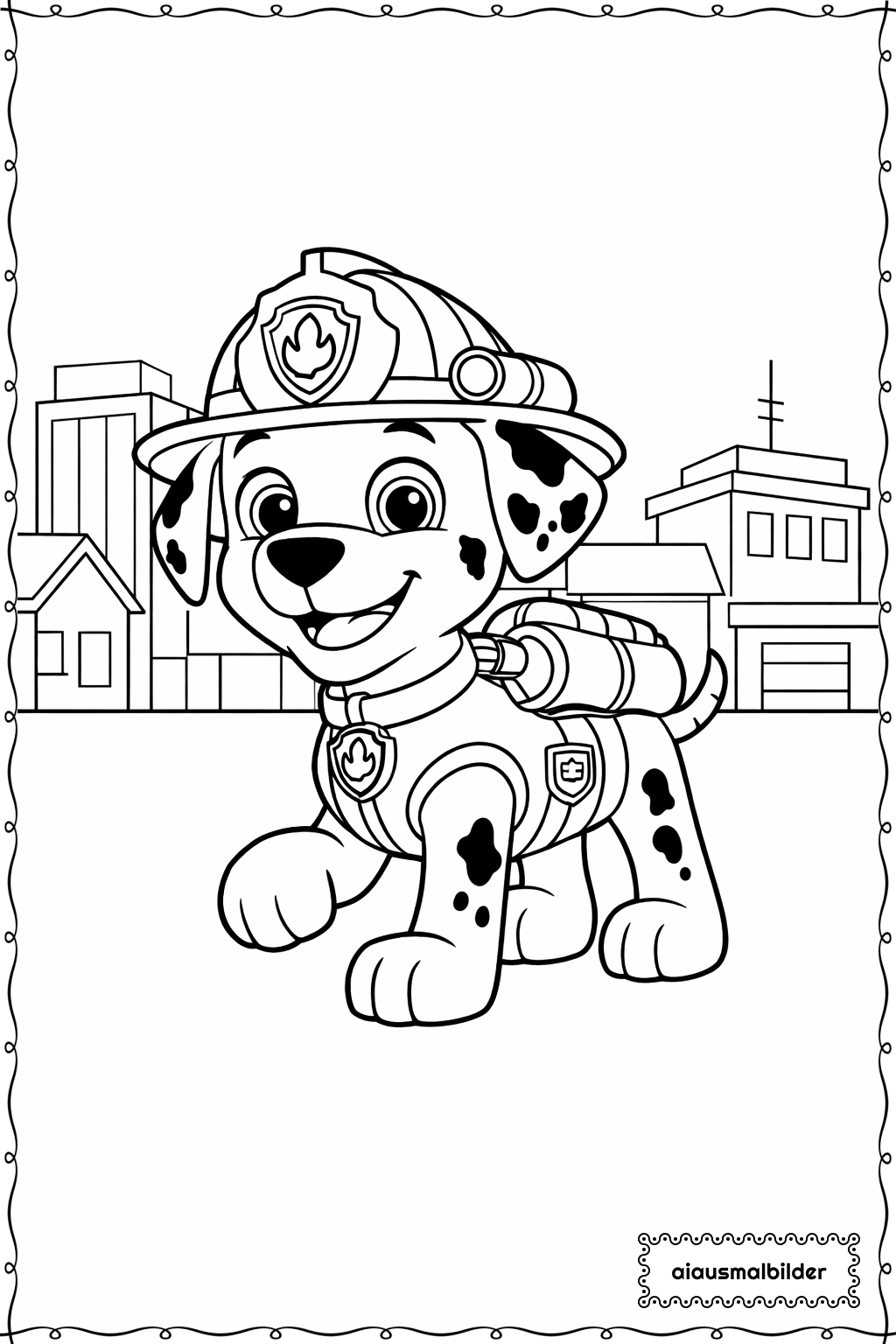 Paw Patrol Hund mit Feuerwehrhelm Ausmalseite