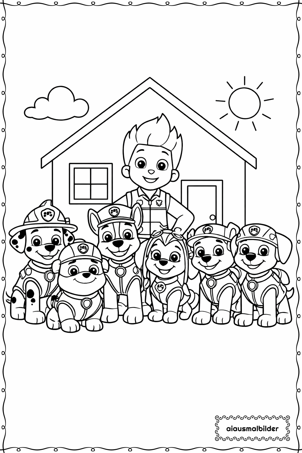 Paw Patrol Team vor Haus Ausmalseite