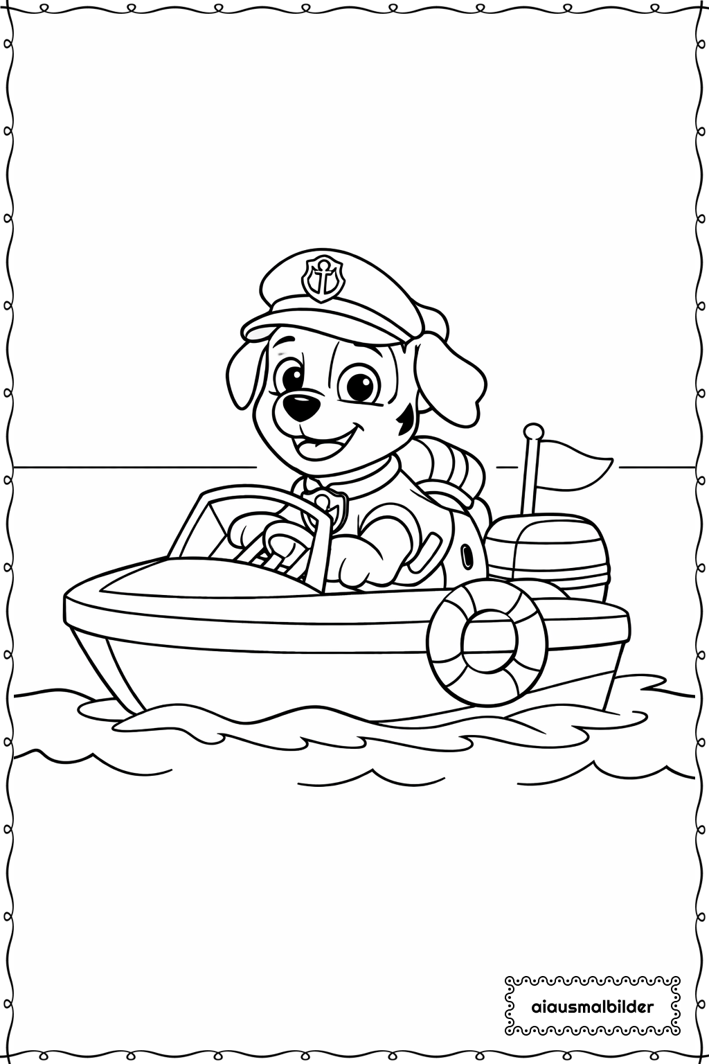 Paw Patrol Welpe auf Boot Ausmalseite