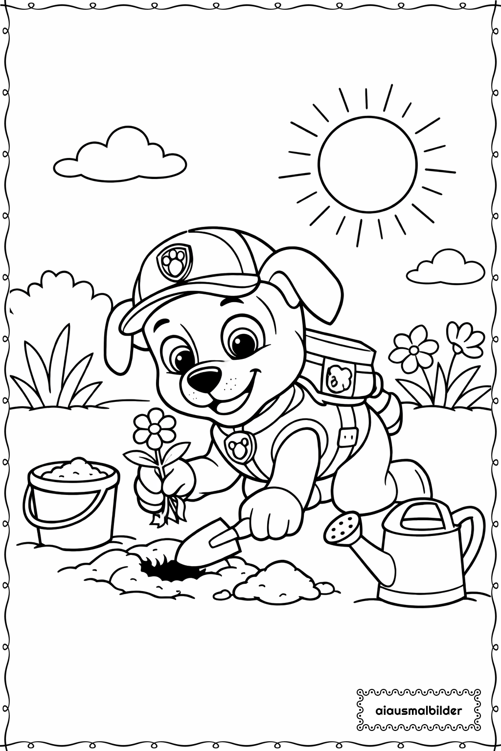 Paw Patrol Welpe im Garten pflanzt