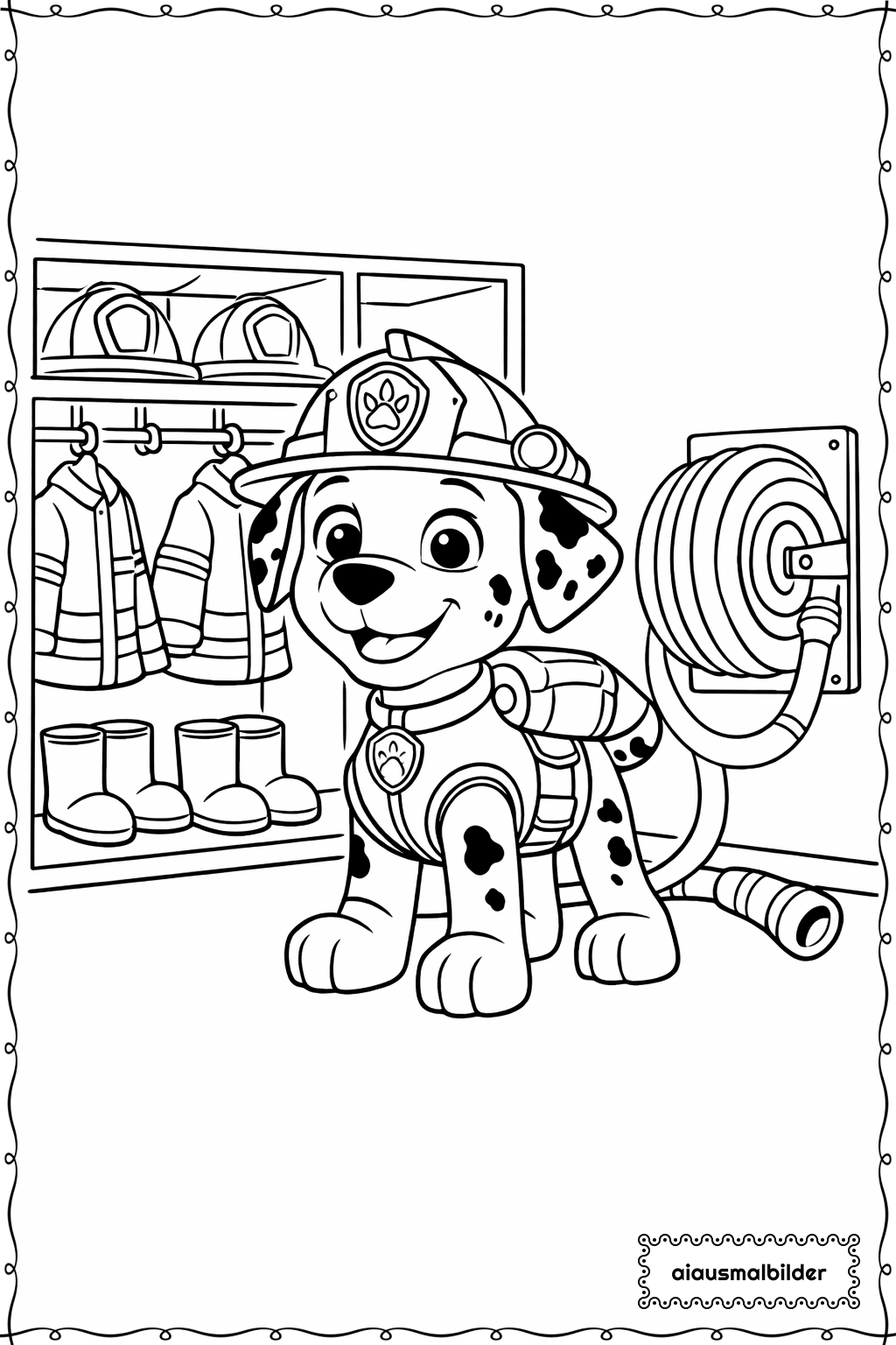 Paw Patrol Welpe in Feuerwehrstation Ausmalseite