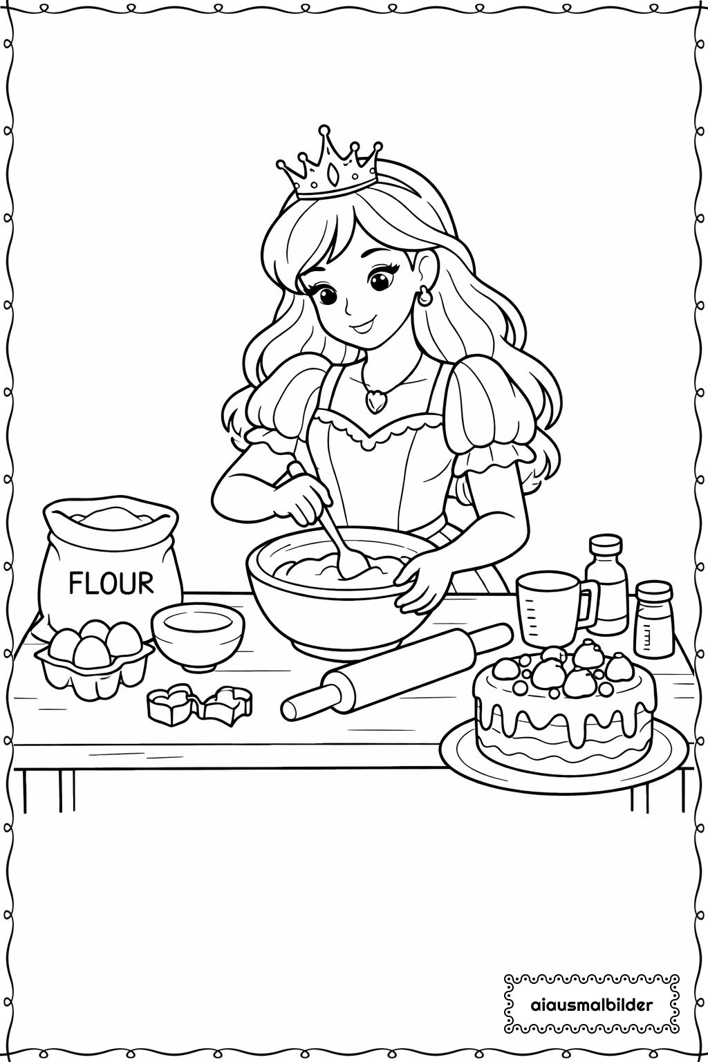  Prinzessin beim Backen Ausmalseite 