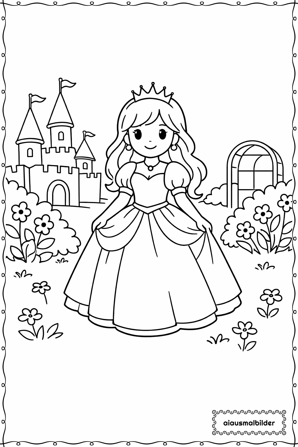Prinzessin im Schlossgarten Ausmalseite