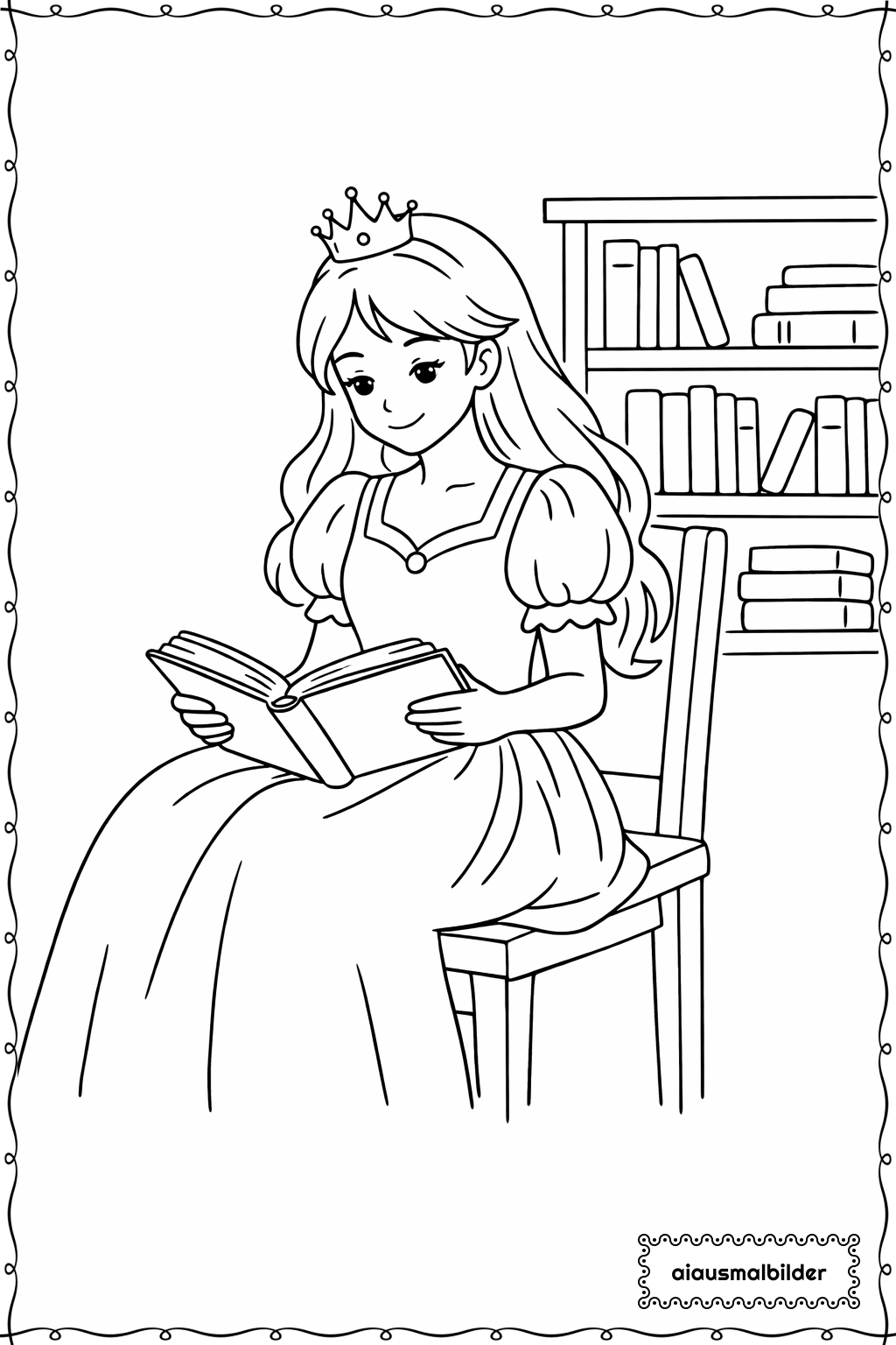 Prinzessin liest Buch Ausmalseite