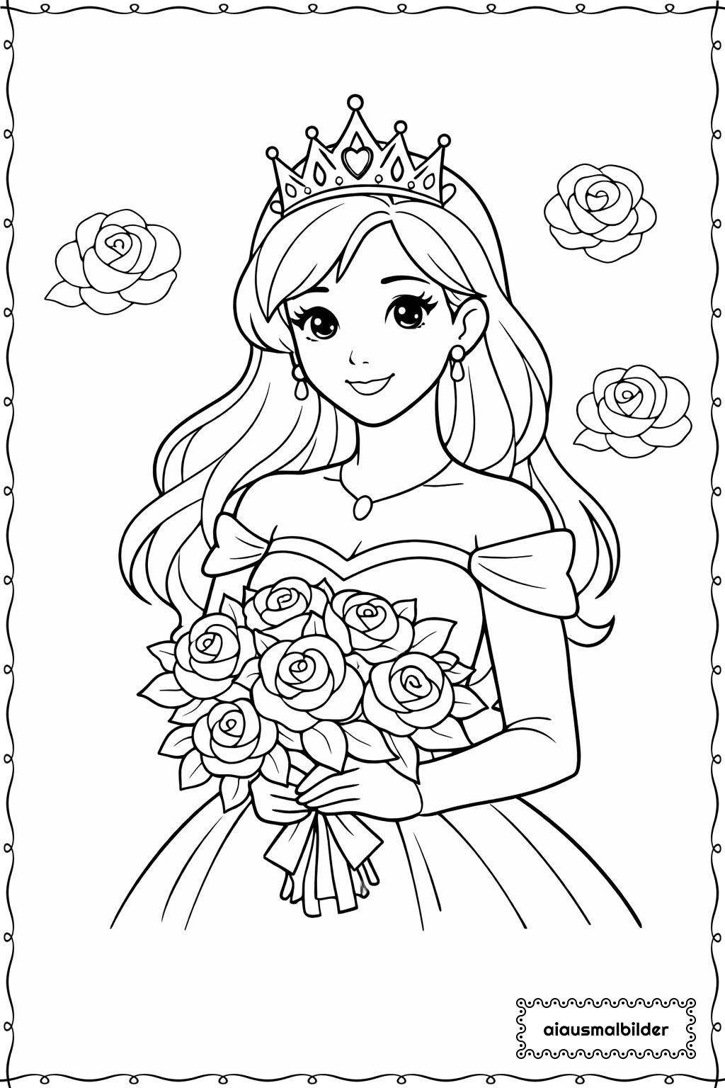  Prinzessin mit Krone und Rosen Ausmalseite 
