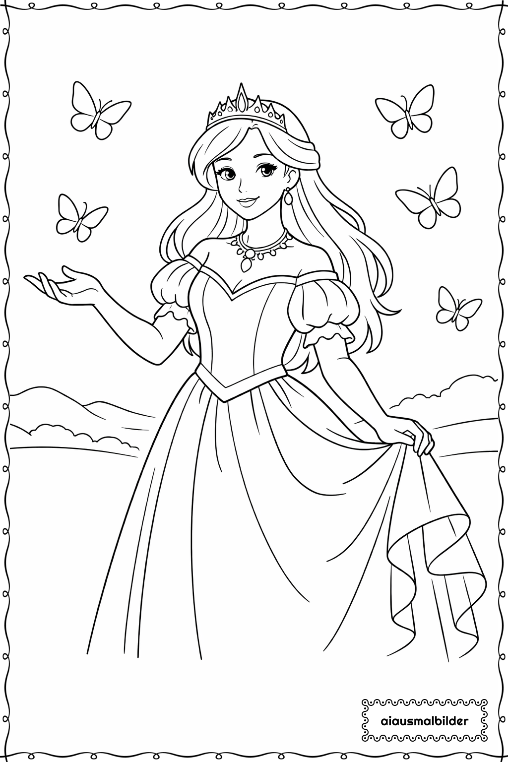  Prinzessin und Schmetterlinge Ausmalseite 