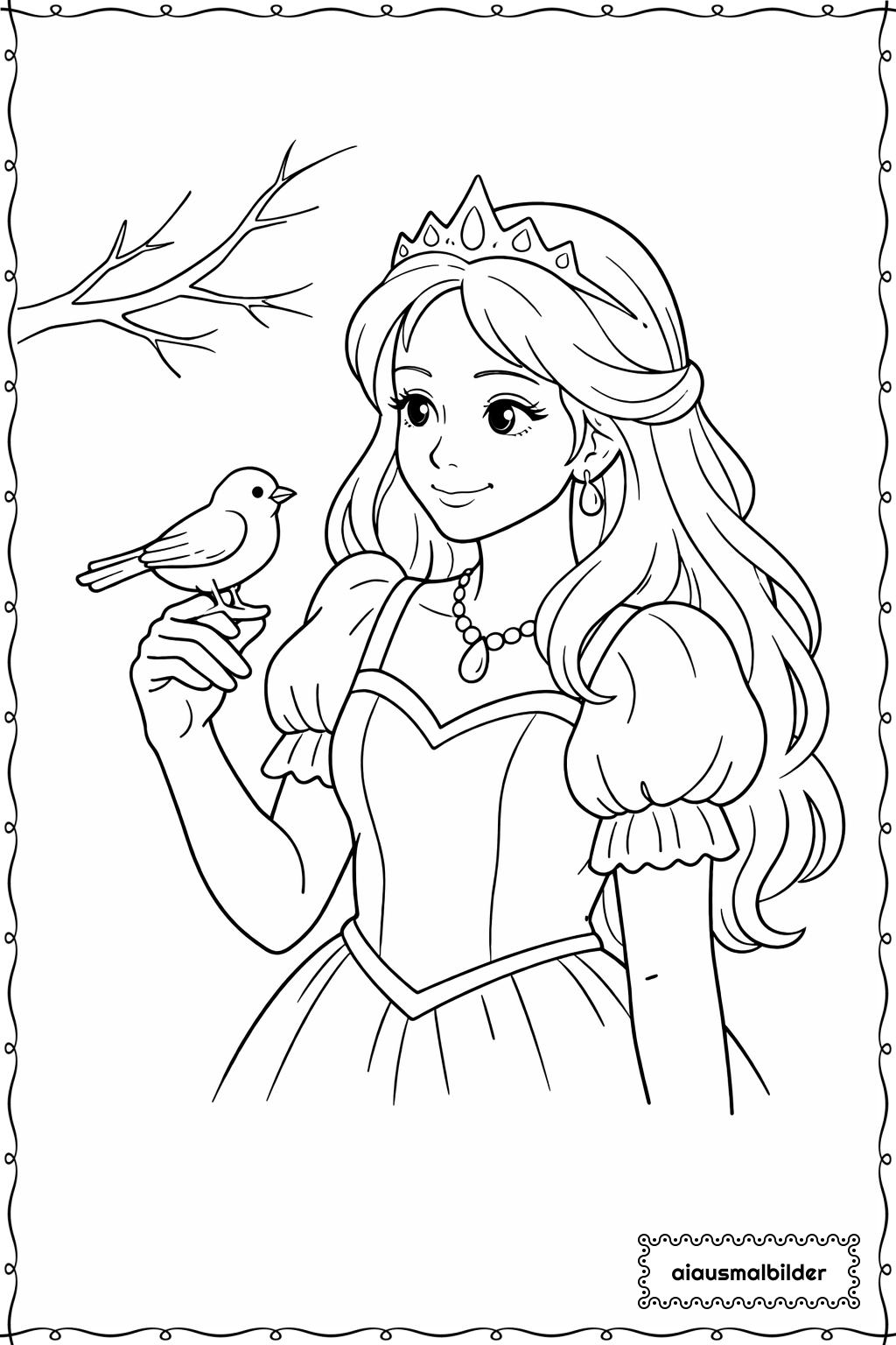 Prinzessin und Vogel Ausmalseite