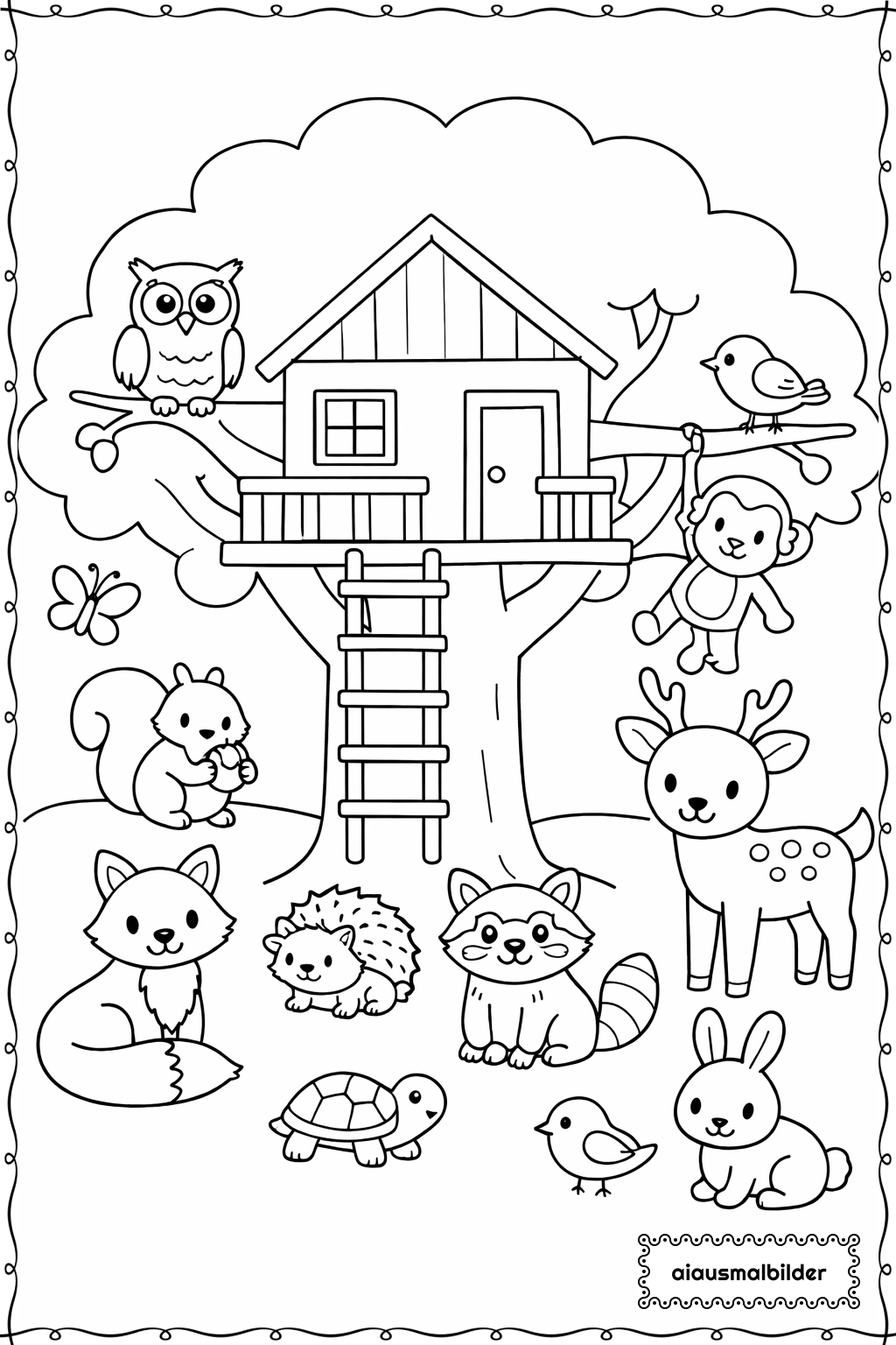 Tiere Am Baumhaus Ausmalseite