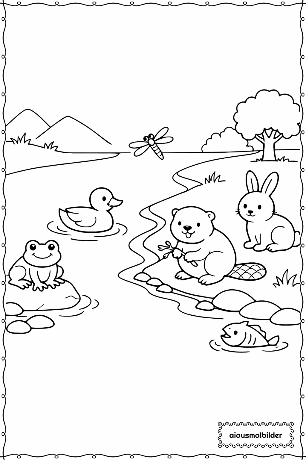 Tiere Am Flussufer Ausmalseite